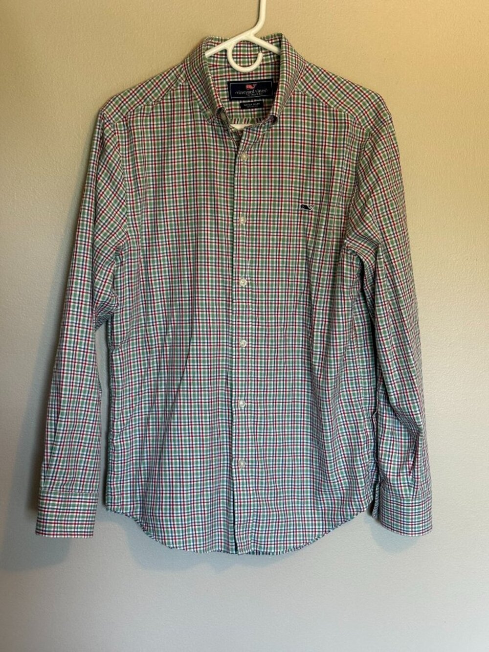 Vineyard Vines Button Down Men's Small White Blue Green Red Plaid Whale Shirt